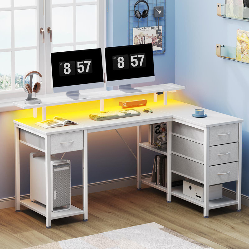 L Shaped Desk with Monitor Stand and Drawers, Gaming Desk with RGB LED Lights &Power Outlets, White