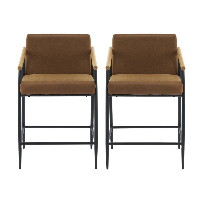 Tabouret de comptoir de 2 po au design Mid-Century, noir et brun, structure en métal, siège d'évier souple, bois naturel, largeur 2 et profondeur moderne 2, finition brun rougeâtre, structure, coussins confortables, massif 300