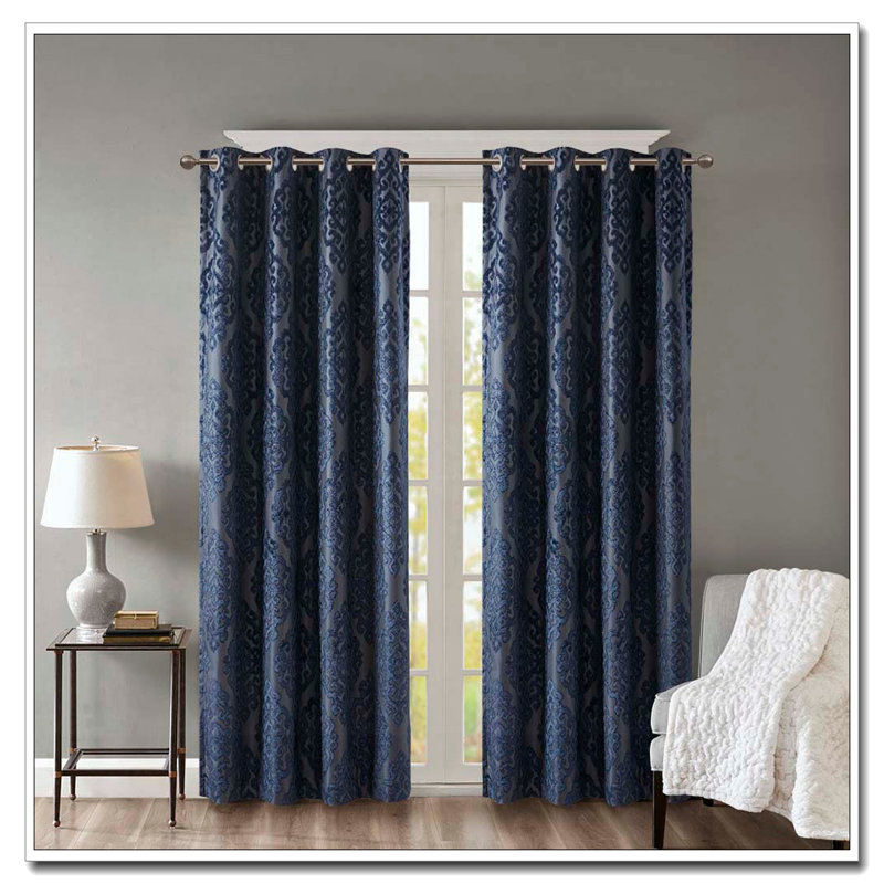 Knitted Jacquard Damask Total Blackout Grommet Top Curtain Panel(Only 1 Pc Panel), 50" W x 84" L, Navy