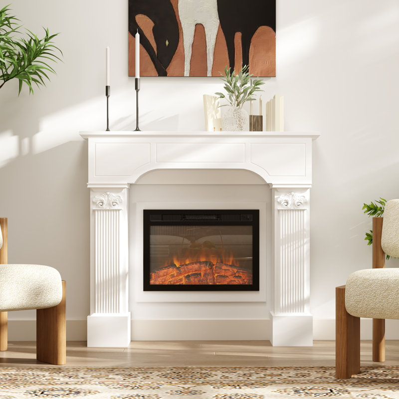 Baroque Fireplace Mantel, Freestanding Fireplace Surround With Ionic Leg For Electric Fireplaces, 43.3" W X 42.8" H, White,wood