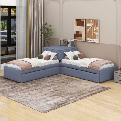 Twin Size L-Shaped Upholstered Platform Bed With Trundle,Drawers And Built-In Desk