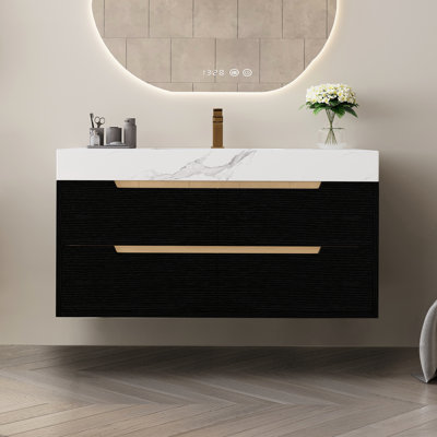 35.4" Modern Faux Marble Bathroom Vanity With Undermount Sink, Sintered Stone Surface, Waterproof Cabinet, Four Storage Drawers, - Standing Top, Solid Wood Adjustable Legs, Matte Black