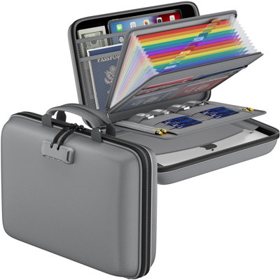 Fireproof File Organizer With Lock, Hard-Shell Case Fireproof Document Box With 13 Pocket Accordion File Folder, Portable Home Office Travel Safe Storage For Important Documents Laptop Gray
