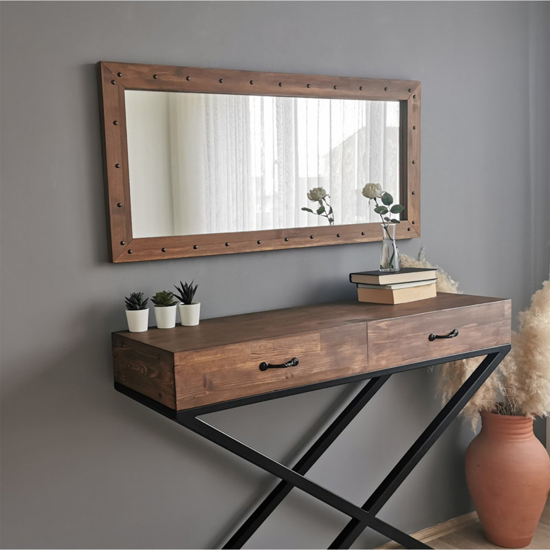 Miroir mural élégant, couleur noyer, 43,3 po x 19,7 po x 1,2 po | 100% bois de pin massif, entièrement assemblé | Réglable pour une utilisation horizontale et verticale, parfait pour un décor industriel moderne