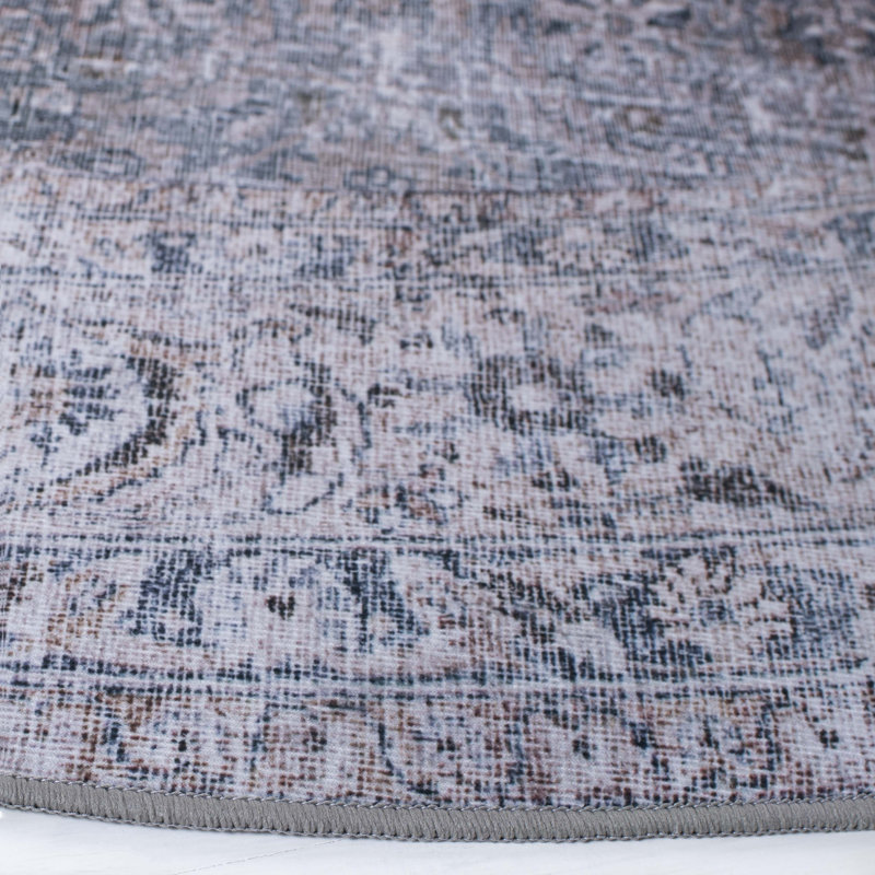 Tucson Vintage Look Machine Washable Non-Slip Area Rug in Grey/ Blue, Round 183 cm