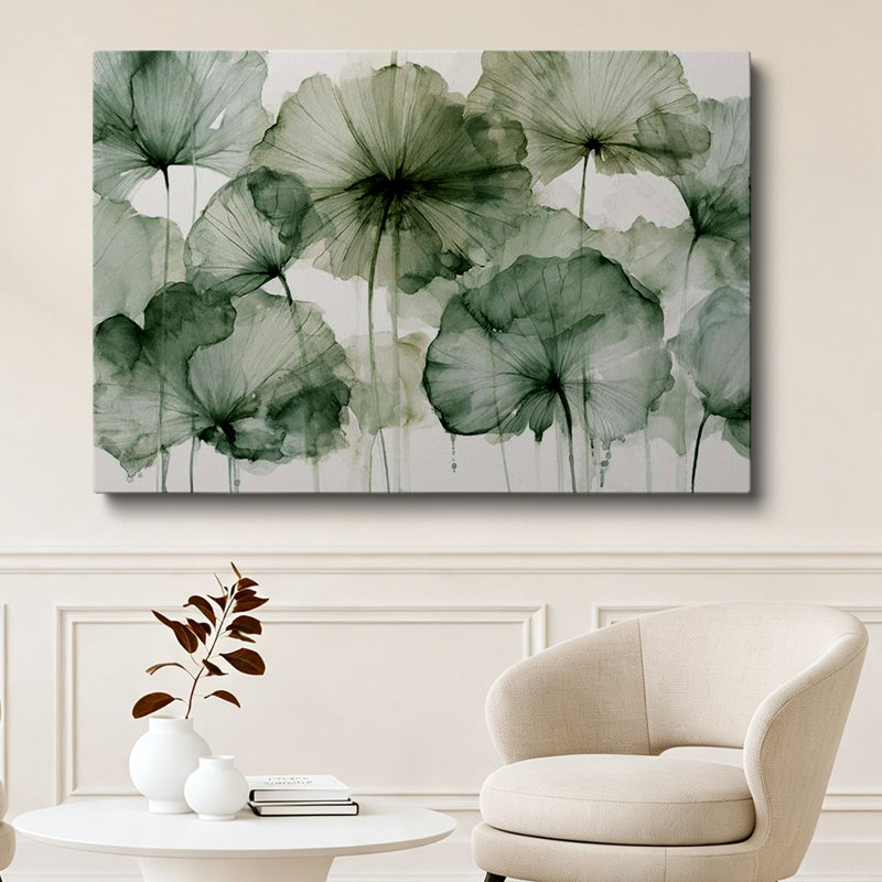 Tableau sur toile 61 x 46 cm (24 x 18 pouces) style ferme moderne, motif feuilles de lotus vert sauge - Décoration de salon
