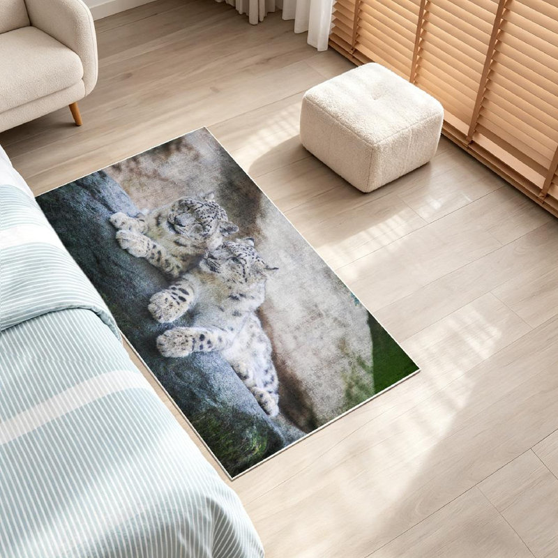 Tapis d'intérieur blanc lavable à la machine léopard des neiges avec pierre transparente, Rectangle 32" x 47"