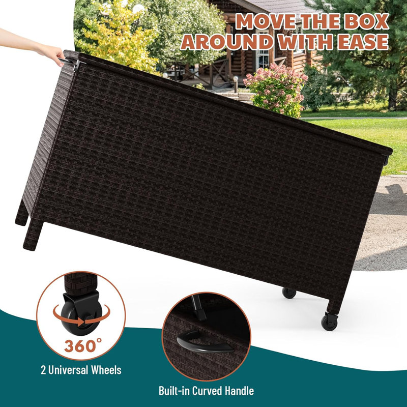 Outdoor 150 Gallon Rattan Deck Box With Support Frame And 2 Wheels, Handle Large Waterproof Storage Box, Flip Top Deck Storage Box For Yard, Porch