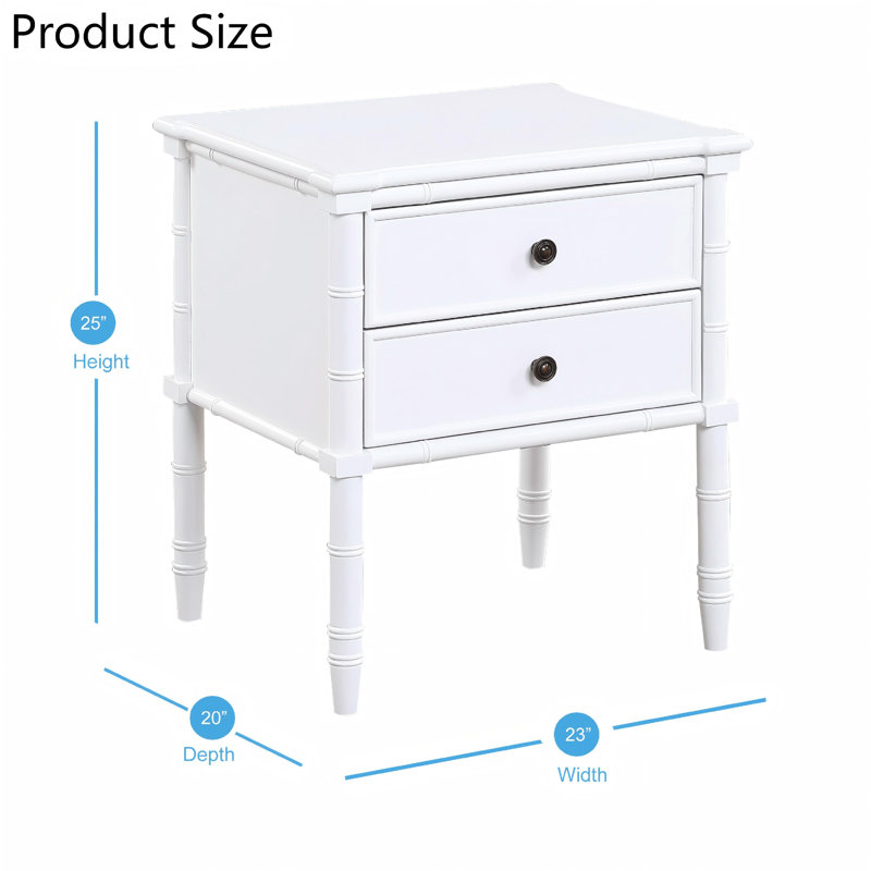 Emmett 2-Drawer Nightstand - White, Tropical Style Wooden Bedside Table with Carved Bamboo Legs and Full Extension Drawer Glides
