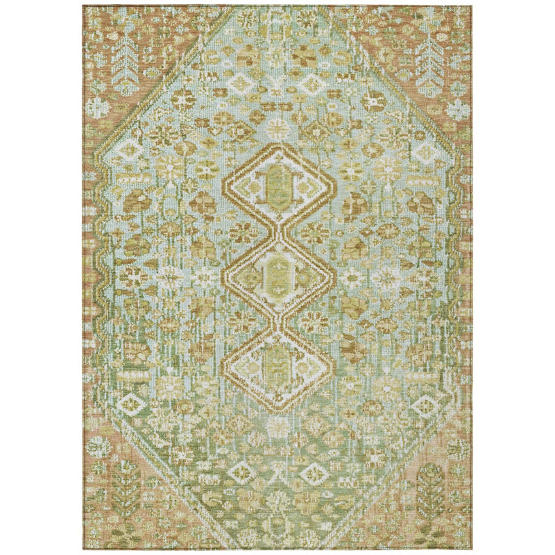 Tapis intérieur/extérieur lavable, coloris sauge et ivoire, motif aztèque, 90 x 150 cm