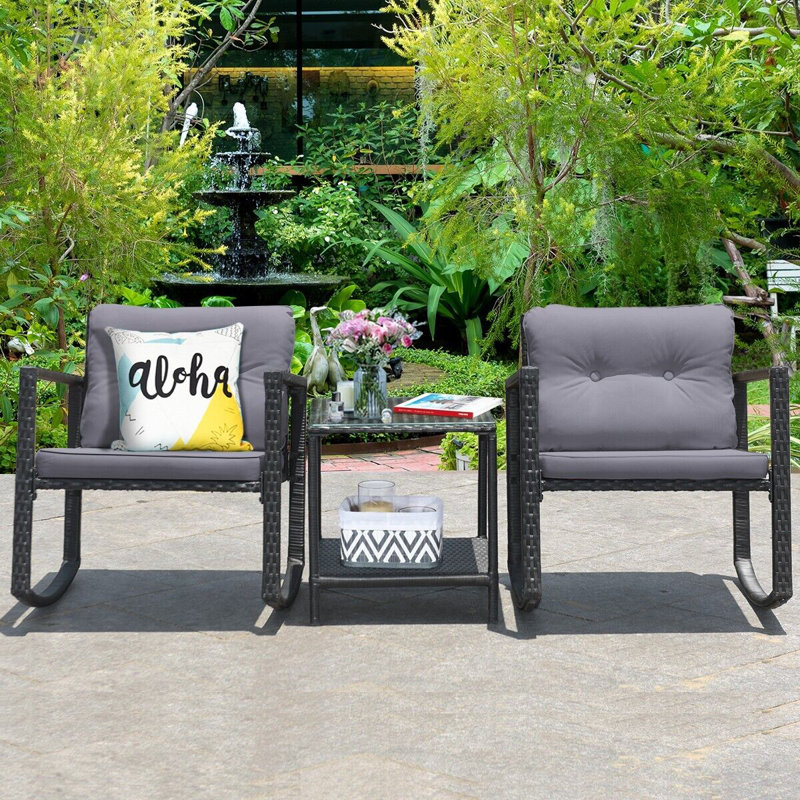 3 Pcs Outdoor Rocking Bistro Set PE Rattan Rocking Chair Set W/Cushion, Grey