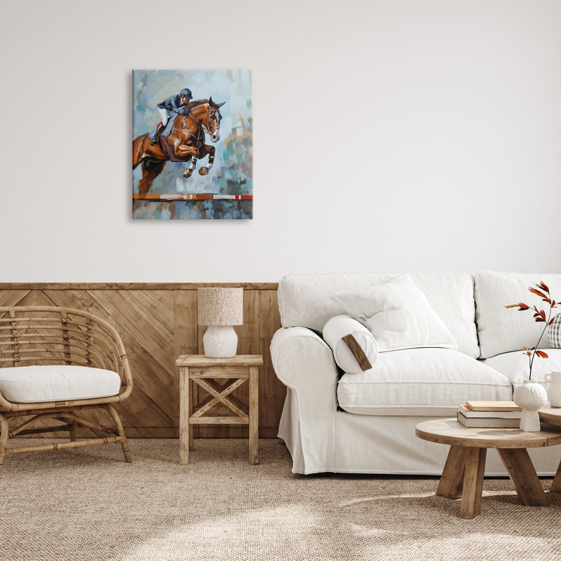Jockey, saut d'obstacles sur bois par Ziwei Li, peinture, H 30 po x l 24 po x P 1,5 po, Giclée encadrée noir minuit