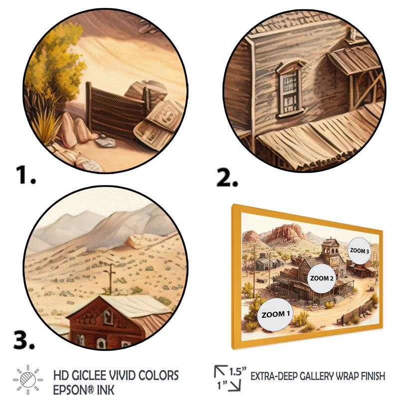 Arizona Wild West Town I - Impression sur toile, Encadrement doré, H 30 po x l 40 po x P 1,5 po