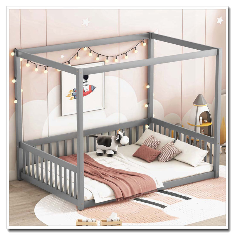 Lit à baldaquin en bois avec clôture, Gris, Lit double