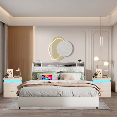 3-Pieces Bedroom Sets,Metal Bed Frame With Outlets, Charger, 4 Drawers And Two Nightstands With Charging Station And LED Lights by Wrought Studio