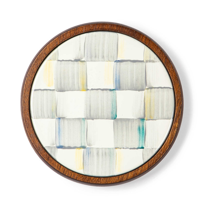 Sterling Check Gray and White Enamel Coasters with Acacia Wood Base