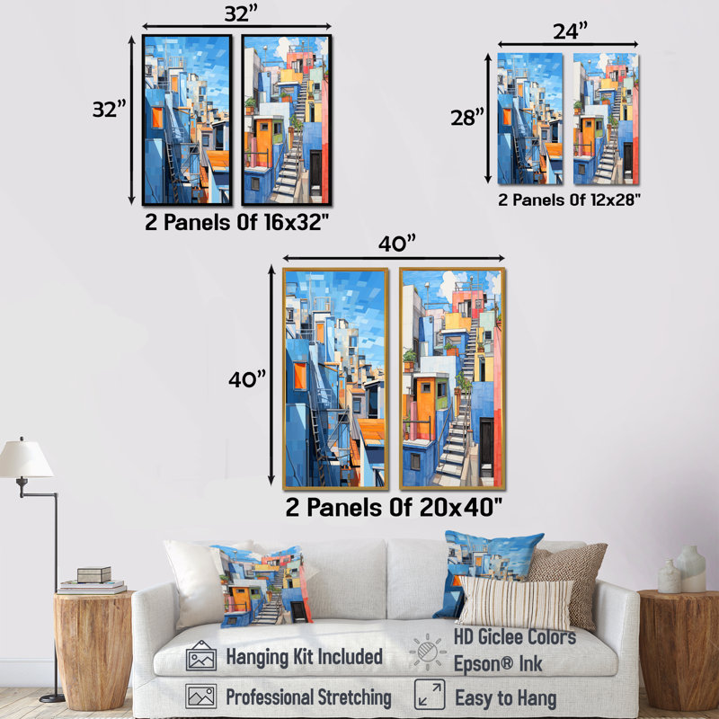 Village coloré au Mexique I - ensemble de 2 impressions sur toile, H 32 po x l 33 po, Cadre flottant noir