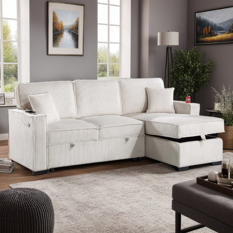 Canapé modulaire convertible avec méridienne réversible Foi, velours côtelé Foi, Velours côtelé beige