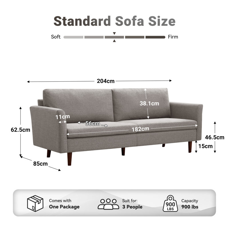 Cicero 204Cm Linen Flared Arm Sofa, Gray
