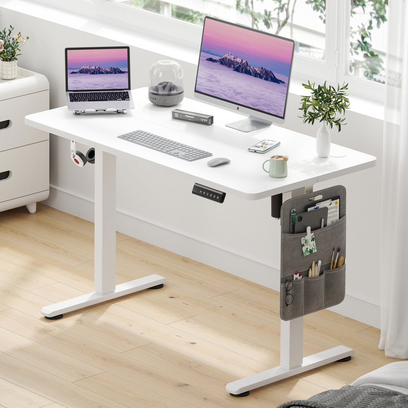 Electric Height Adjustable Home Office Standing Desk, White, White, 120cm W x 60cm D