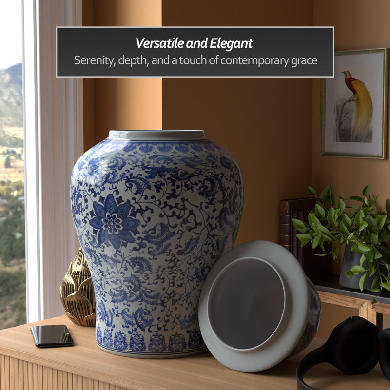 Timeless Chinese Temple Jar, Blue Floral, 24"