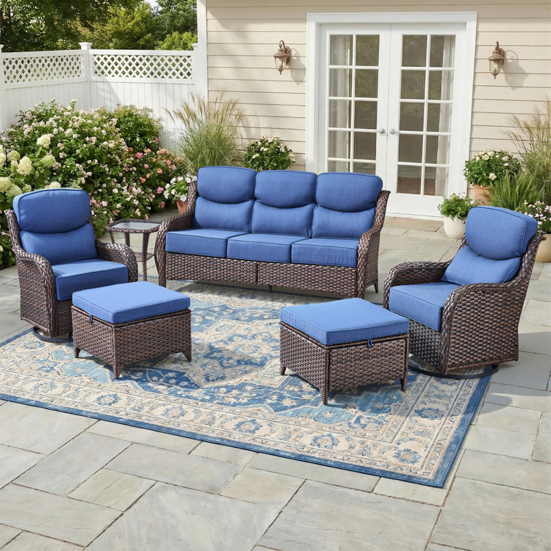 7 - Person Luxury Wicker Patio Furniture Set With 6-Inch Extra-Thick Cushion Swivel Chairs, Ottomans, Side Table, Blue, Brown