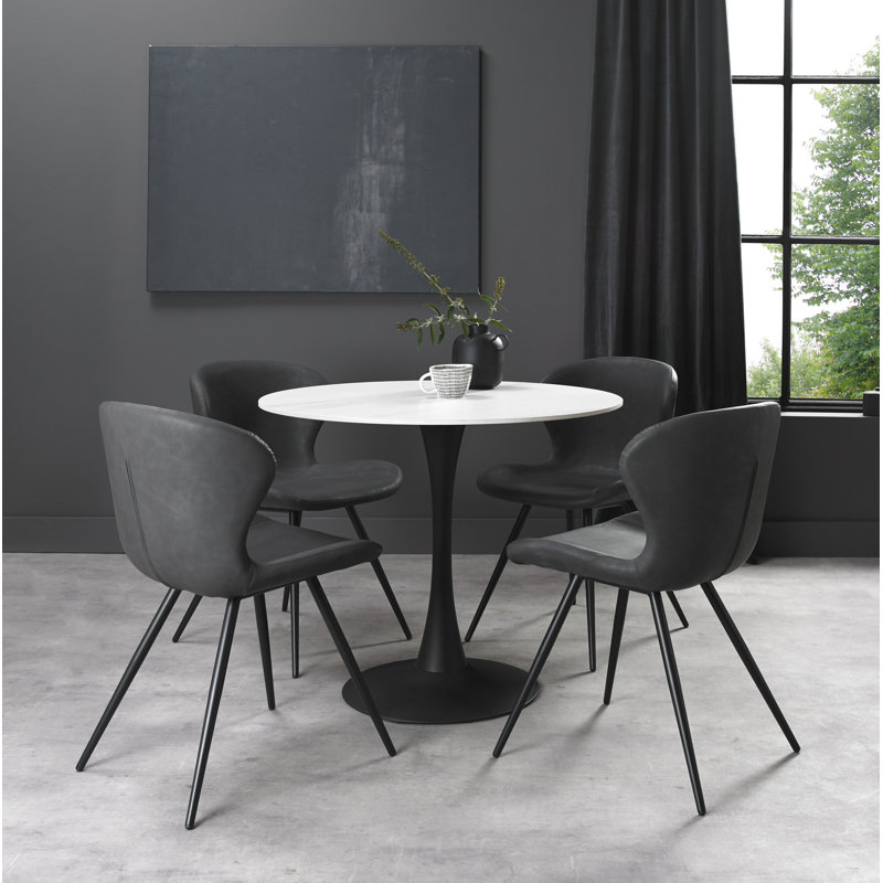 Mason Sintered Stone Table With 4 Arlo Chairs In Faux Leather, White, Grey