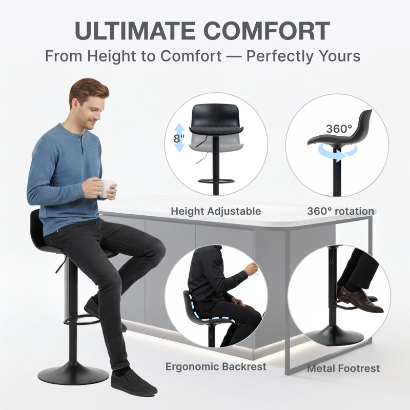 Modern Adjustable Swivel Bar Stools, Pu Leather Counter Barstool With Low Back, Kitchen Island Chairs With Large Base(Set Of 2)