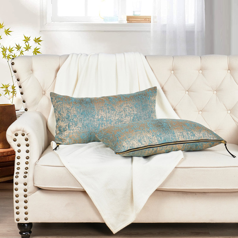 Housse de coussin lombaire rectangulaire en jacquard chenille, Bleu sarcelle / chameau