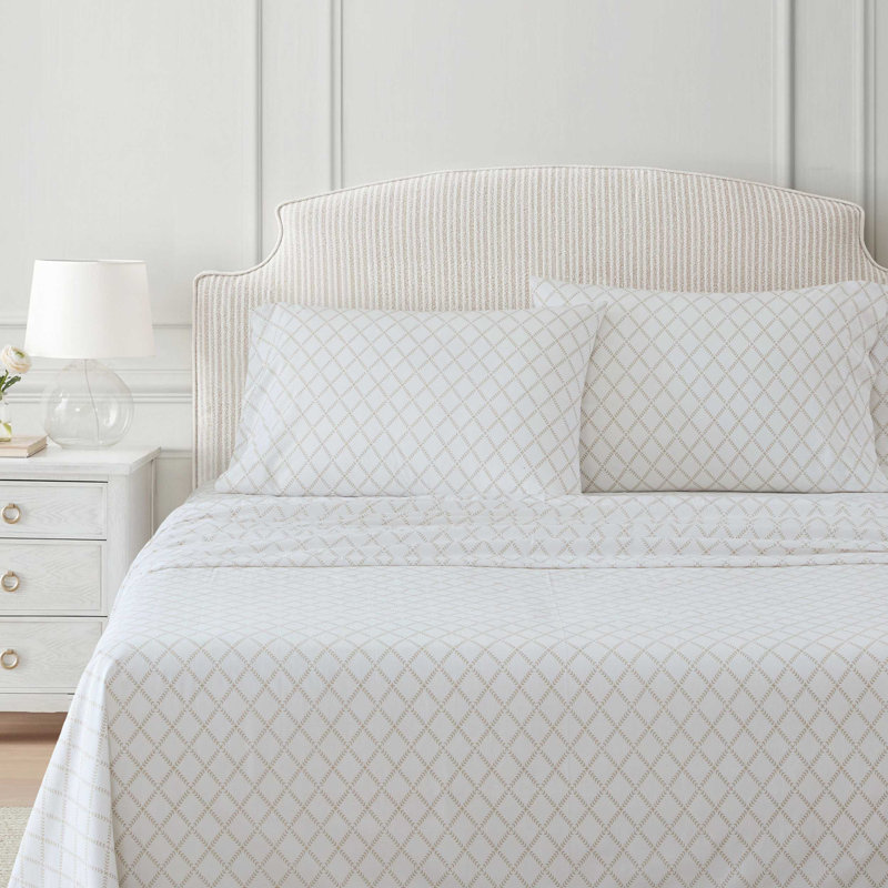Martha Stewart Cotton Percale  Sheet Set, Full Sheet Set with 2 Pillowcases, Leaf Trellis Beige