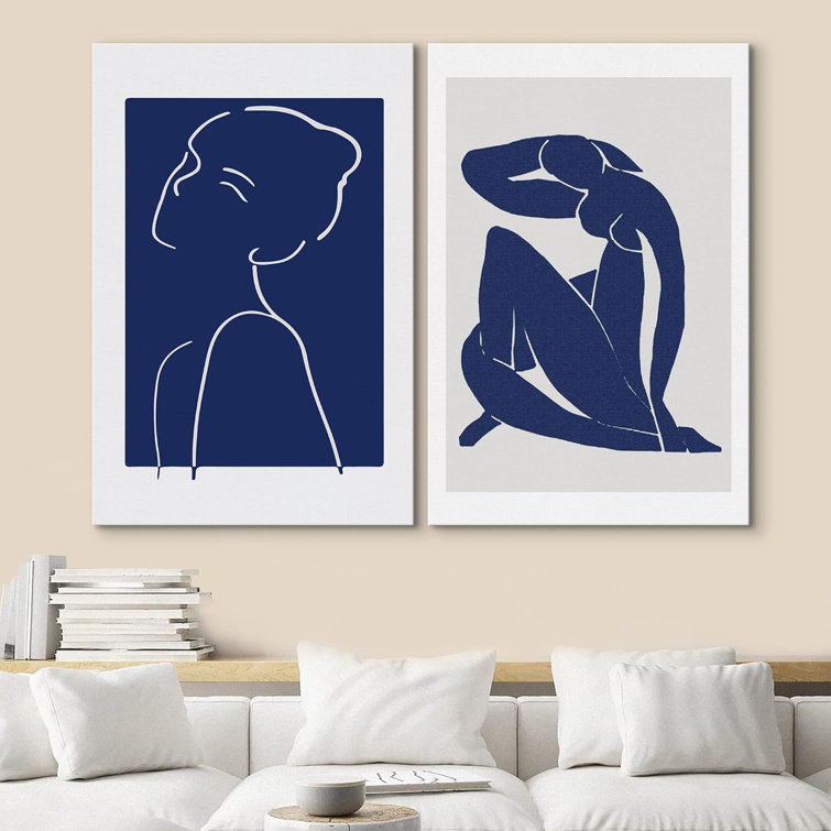 IDEA4WALL Navy Blue & White Line Art Yoga Woman Matisse People