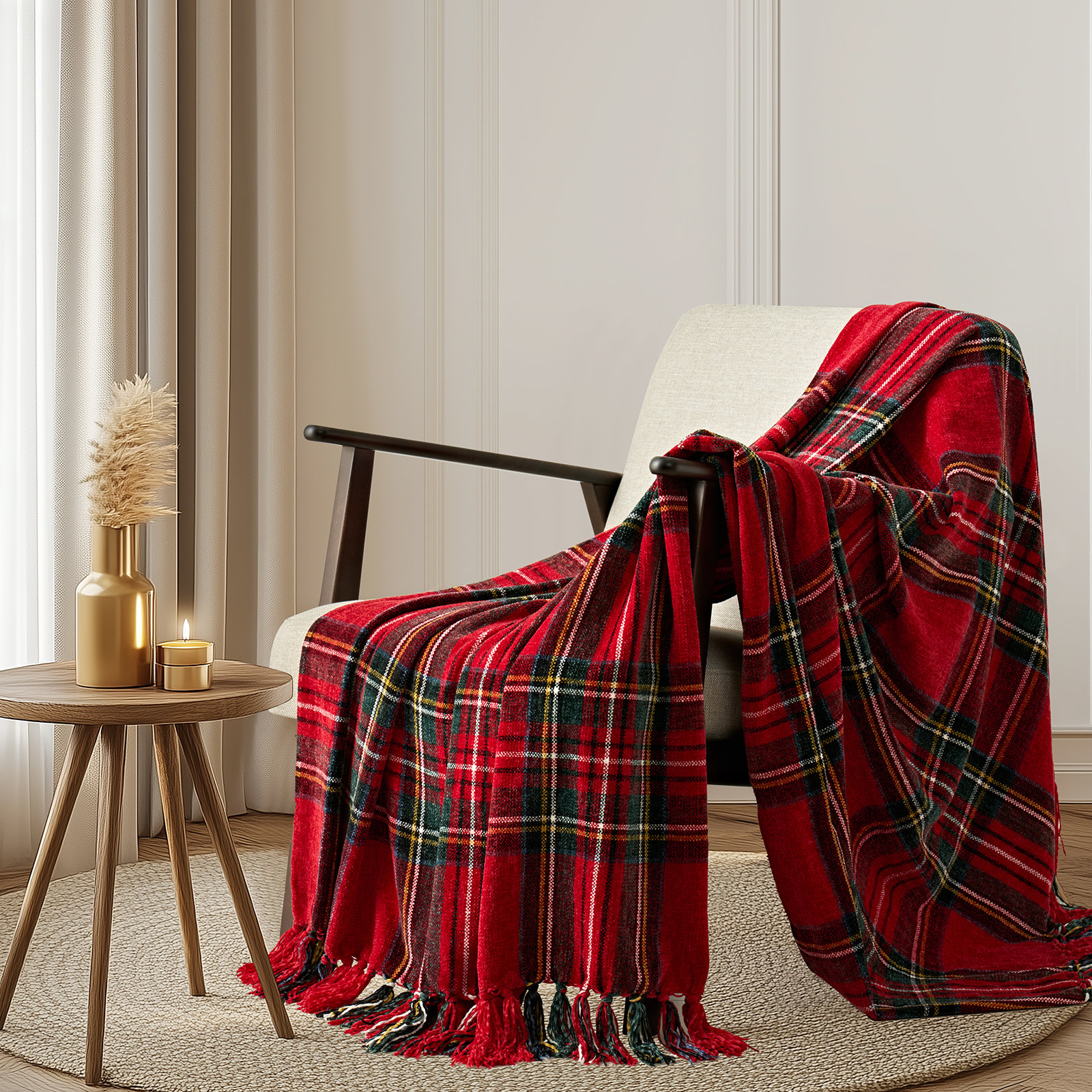 Soft Chenille Throw Blanket, 60" L x 50" W, Classic Red Plaid