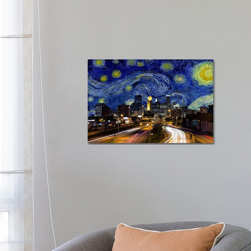 Minneapolis, Minnesota, nuit étoilée, impression d'art graphique, Toile tendue, Aucun mat, H 18 po x l 26 po x P 1,5 po