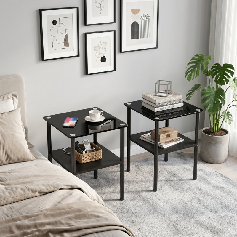 Ensemble de 2 tables d'appoint modernes en verre avec tablette de rangement en MDF et pieds en métal pour le salon