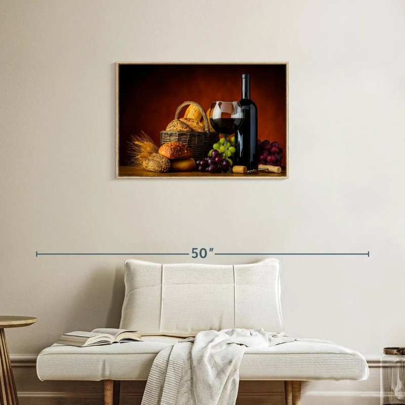 Wine And Bread, 31" X 21", Floating Frame Natural Wood