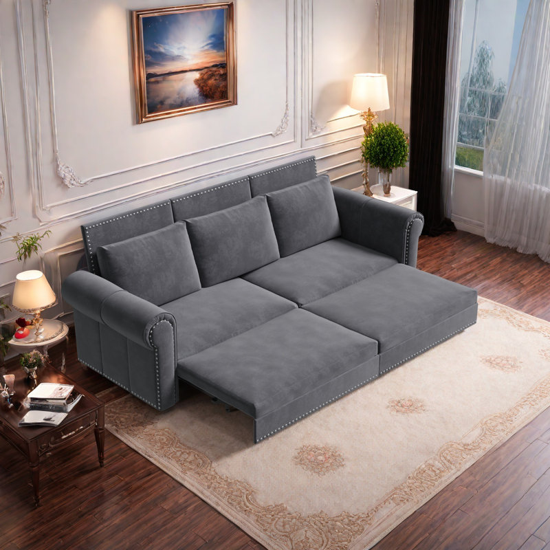 3-in-1 Convertible Sleeper Sofa Bed with Nailhead Trim & Rolled Arm, Gray