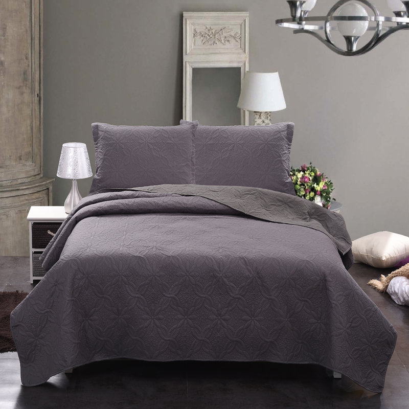 Ensemble de courtepointe en microfibre 3 pièces Lewalski, Courtepointe grande + 2 taies décoratives, Gris