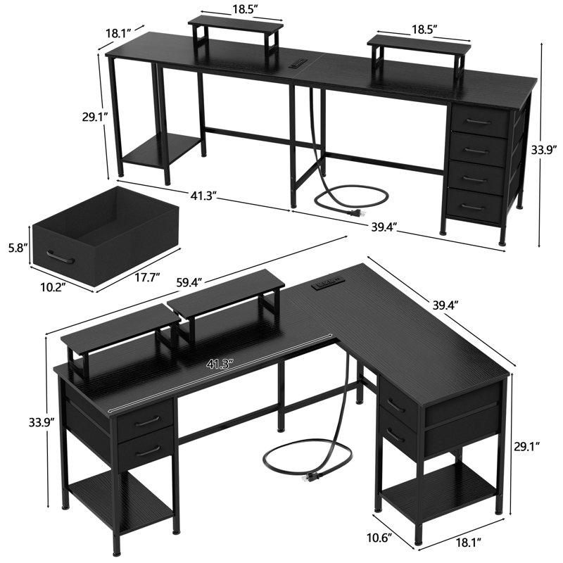 59.4” L-Shaped Computer Desk with Power Outlet, 29.1" H x 59.4" W x 39.4" D, Black