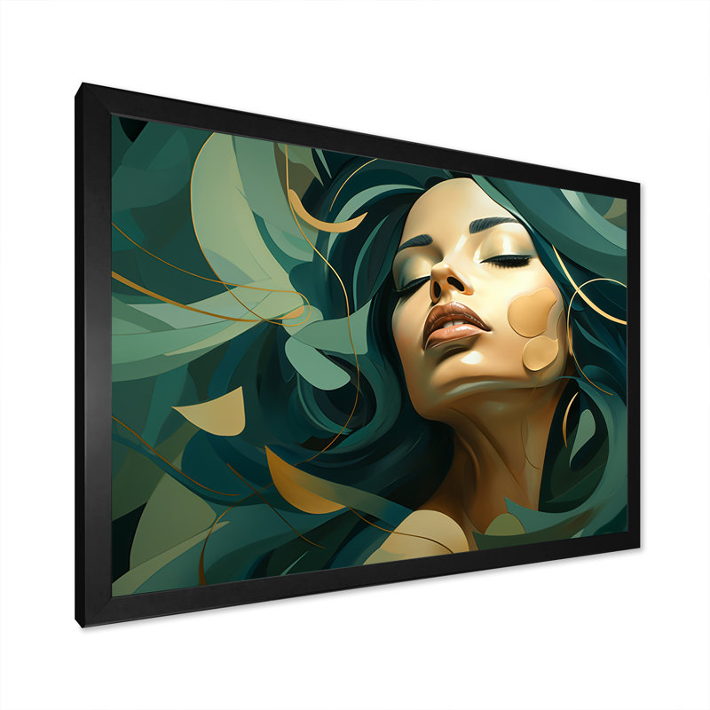 «Green Floral Blossom Woman Portrait II», art mural floral femme, Cadre d'angle fermé noir, H 24 po x l 32 po x P 1 po