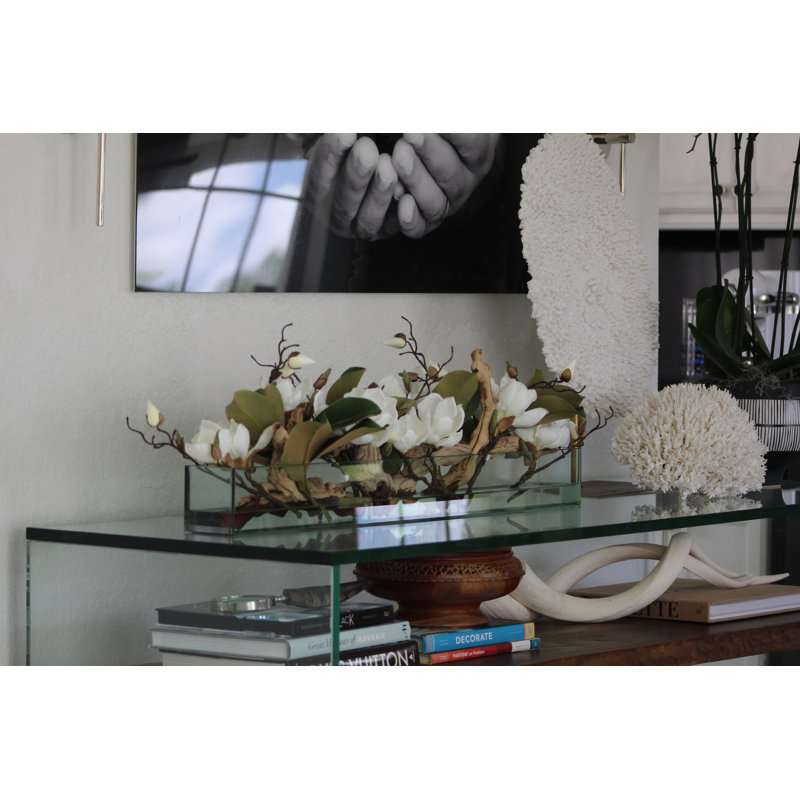 Glass Plate Magnolia Floral Arrangement And Centerpiece In Planter, 8" H x 36" W x 4" D, White