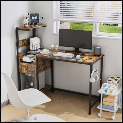 Computer Desk with Power Outlet, USB Ports, and Reversible Shelves for Home Office, Perfect for Small Spaces and Enhanced Productivity.
