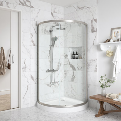Breeze 35 in. L x 35 in. W x 77 in. H Round Corner Shower Kit in Satin Nickel with Clear Sliding Door and Shower Base Pan (Walls not Included)