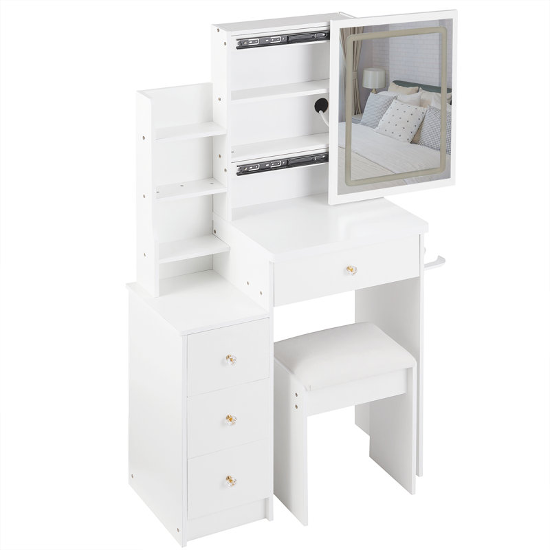 Puma Makeup Vanity with LED Mirror, Power Outlets & Stool, White