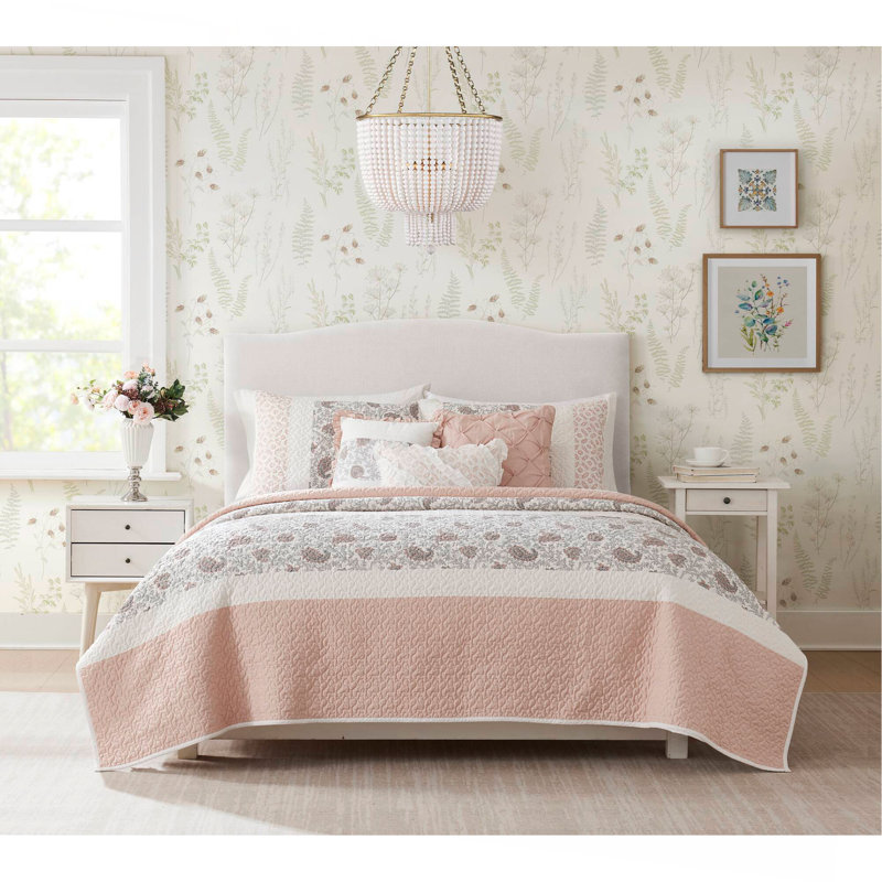 6 Piece Cotton Percale Quilt Set With Throw Pillows Blush King/Cal King, King/Cal King Quilt + 5 Additional Pieces, Pink