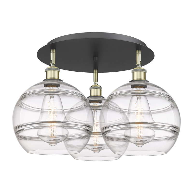 Plafonnier semi-encastré Glassoff, H 12,63 po x l 21,75 po x P 21,75 po, Transparent, Laiton antique noir