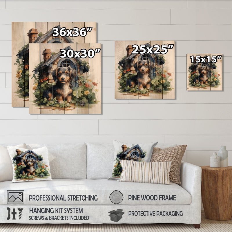 «Puppy Doghouse Blooms I» - impression sur bois, H 36 po x l 36 po