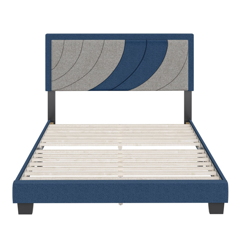 Full Blue and Gray Linen Upholstered Platform Bed with Headboard