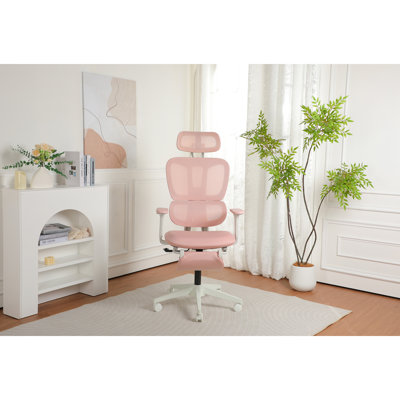 Chaise de bureau ergonomique avec repose-pieds, chaise d'ordinateur à haut dossier avec soutien lombaire dynamique, appui-tête en 2 dimensions et accoudoirs 4D, coussin éponge et dossier en filet, chaise de bureau à domicile pour adultes, rose.