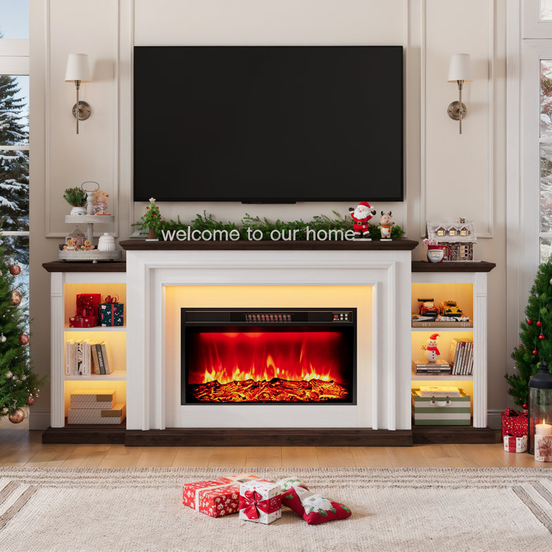 80" Led Electric Fireplace With Mantel, Fireplace Tv Stands For 90 Inch Tv, Modern Entertainment Center With Storage, Brown