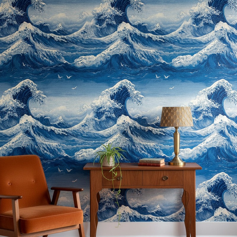 Papier peint vague, panneau décoratif japonais océan